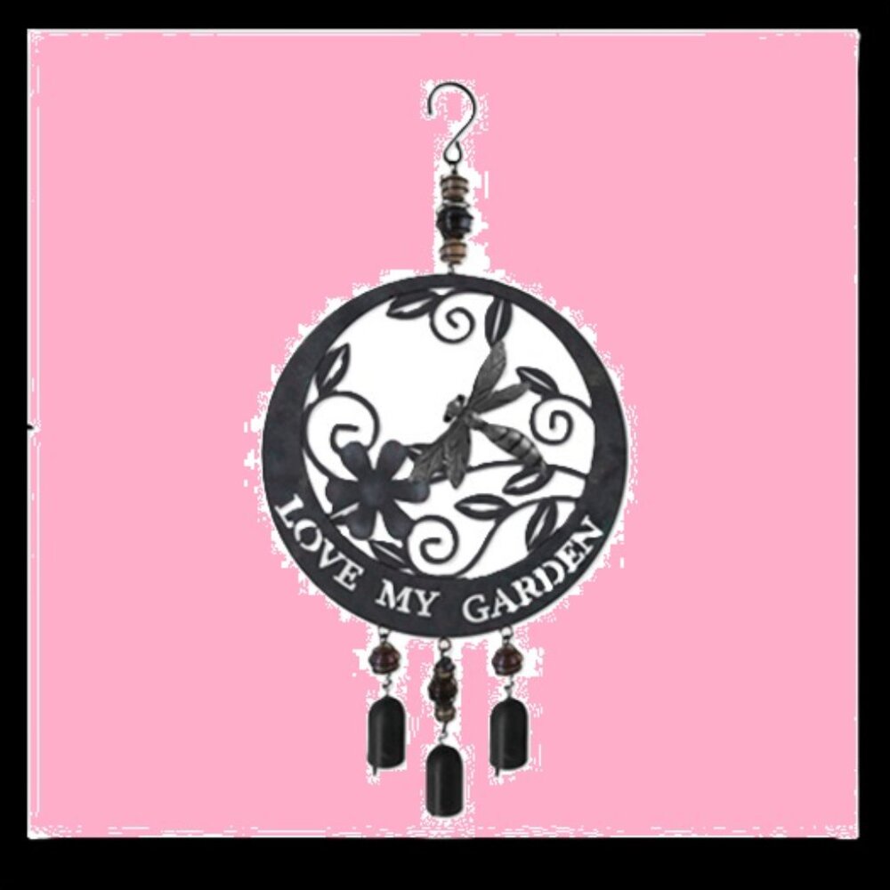 Dragonfly Wind Chime Black Sheet Metal 8" wide with Three Camel Bells 79462